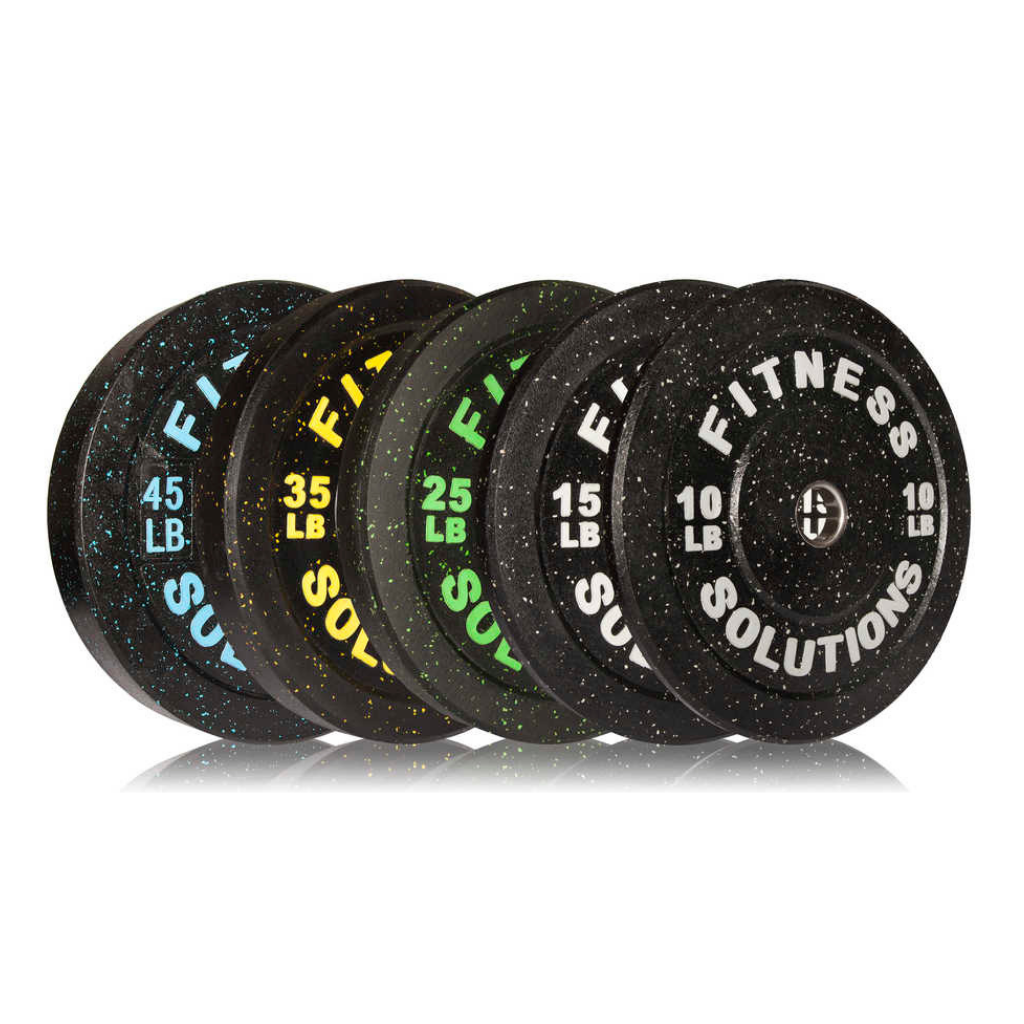 Set completo de discos olímpicos bumper crumb rubber 260 libras goma reciclada negra Fitness Solutions