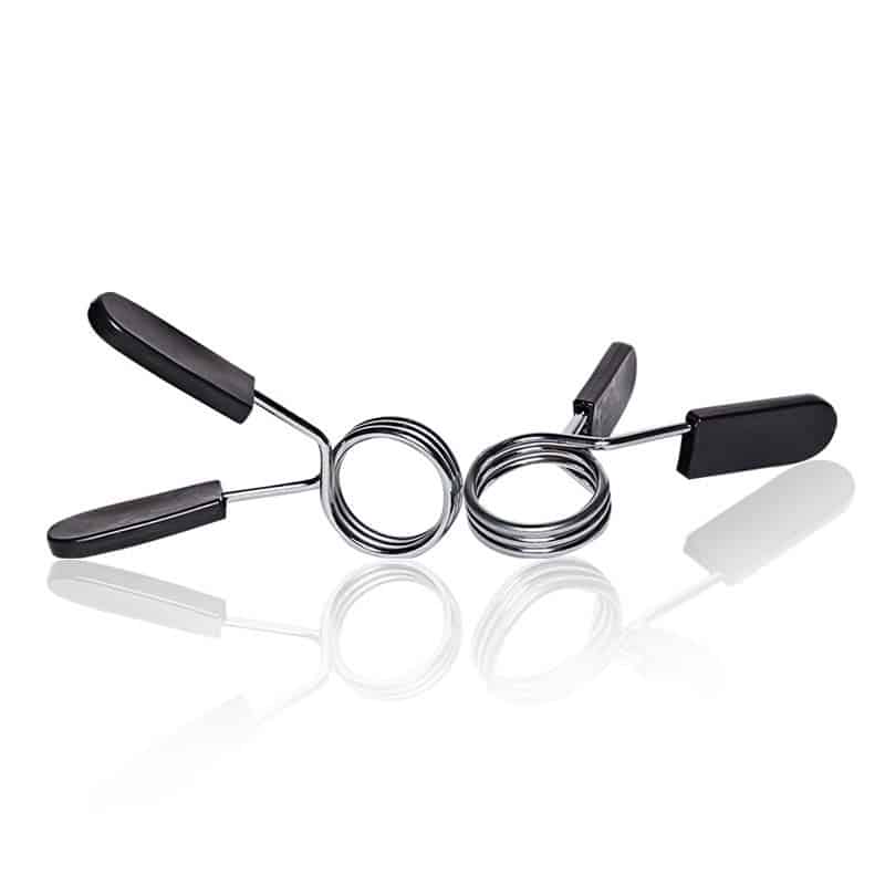 Par de collarines olímpicos pinza color negro acero para asegurar discos en barra olímpica Fitness Solutions